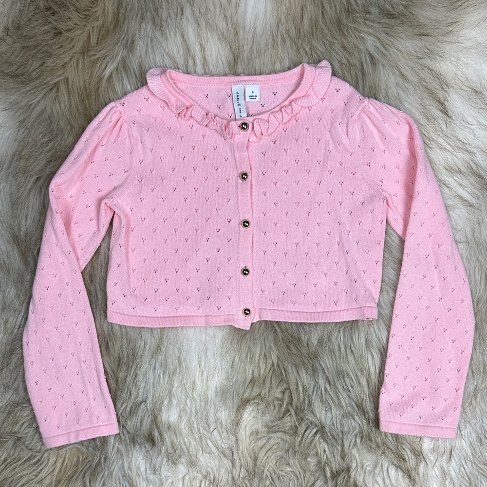 Janie & Jack Pink Ruffled Kids Long Sleeve Cropped Cardigan, Size 5